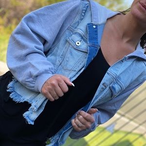 Distressed crop jean jacket